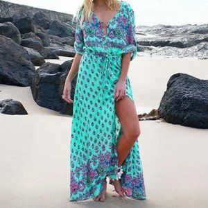 Zanzea Teal Boho Summer Maxi Dress